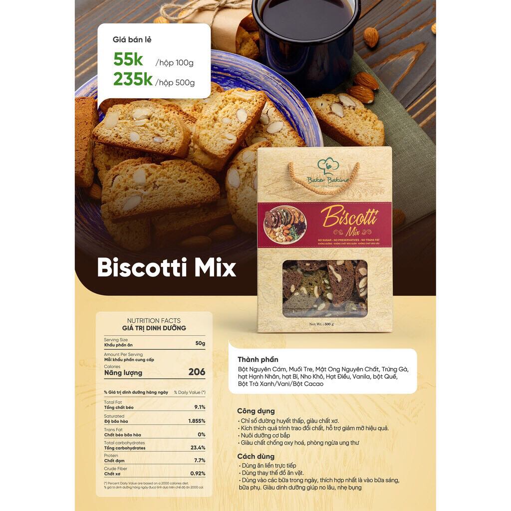 [HCM][Baker Baking] Bánh ăn kiêng BISCOTTI mix 3 vị (vanilla matcha cacao) bánh ngũ cốc nguyên cám ít calo giảm cân