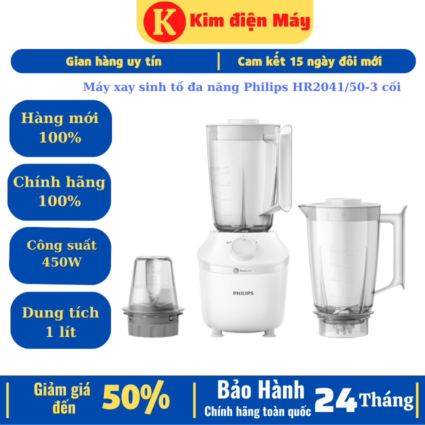 Máy xay sinh tố Philips HR2041/50-máy xay sinh tố đa năng-3 cồ-450W bảo hành 24 tháng toàn quốc