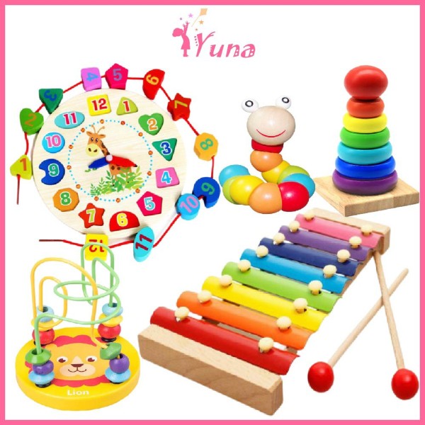 Combo 5.1 - 5 món đồ chơi gỗ tiết kiệm cho bé gồm sâu gỗ + đàn + tháp 7 màu + luồn + tangram + đồng hồ + xếp gạch