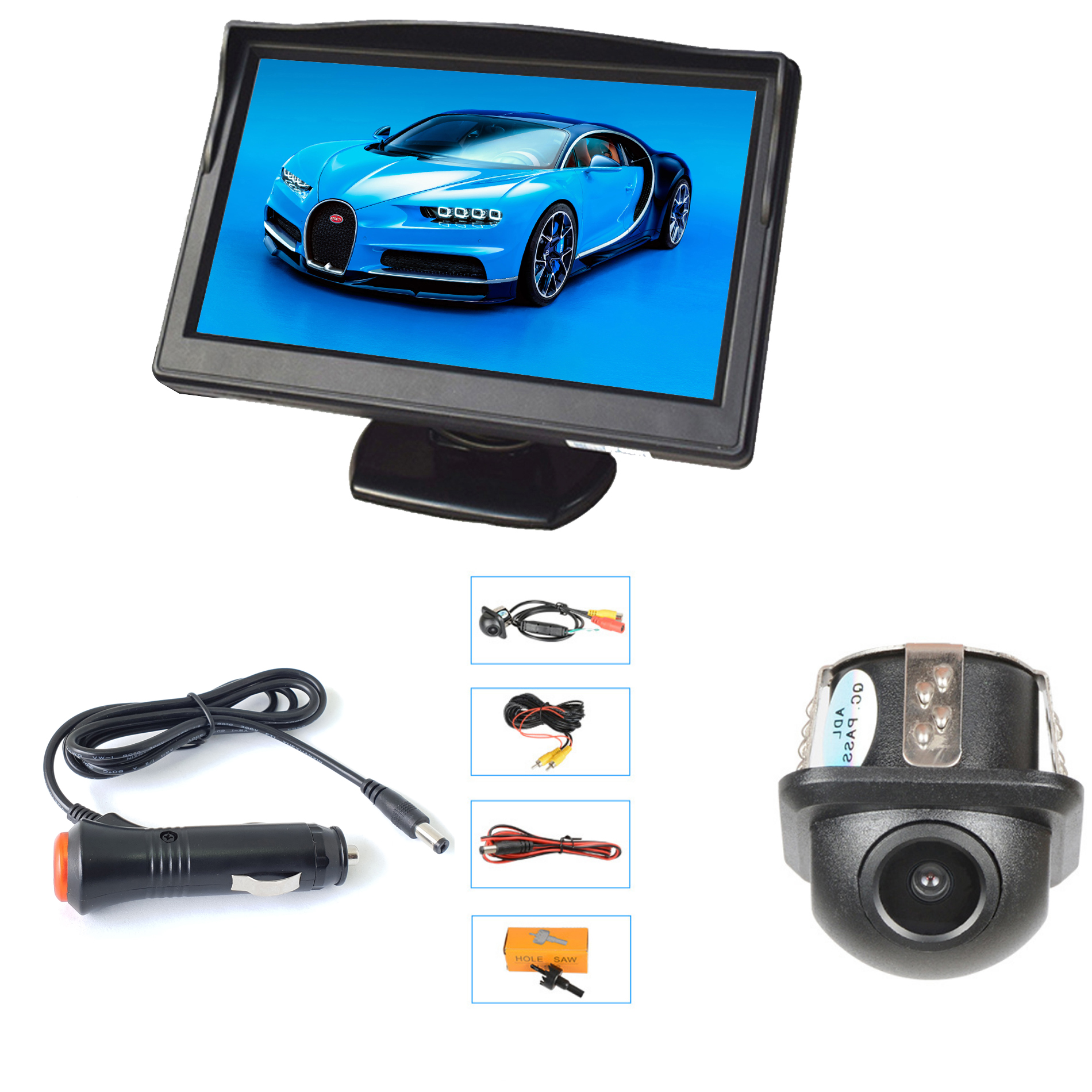 Màn hình taplo và camera căn lề cho xe hơi, màn hình 5 inch 800x480, camera căn lề góc rộng