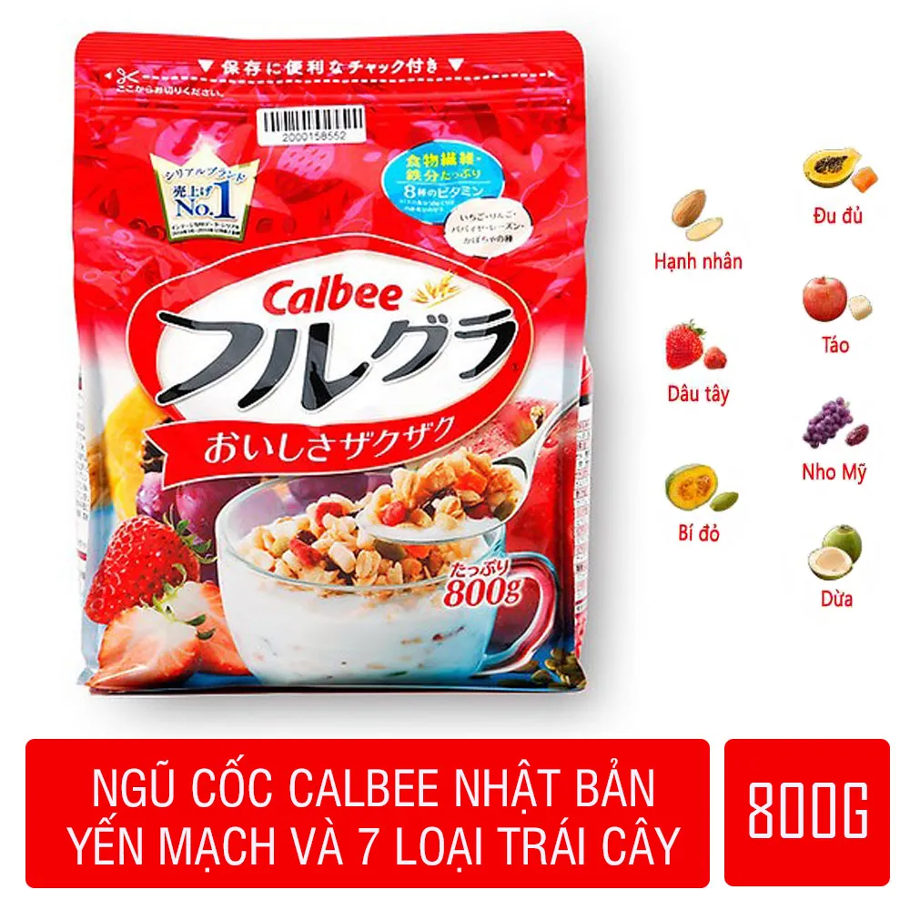 Ngũ Cốc Calbee vị Trái Cây gói đỏ 800g hàng Nhật Bản