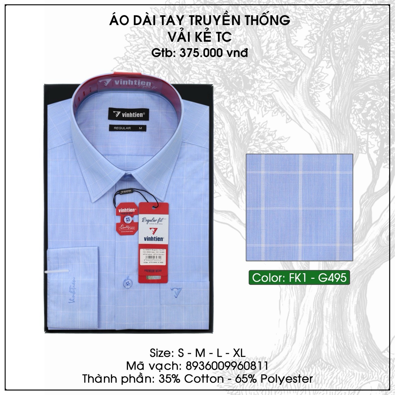 Áo Sơ Mi Cotton Nam Dài Tay Dáng Regular Vĩnh Tiến AD375