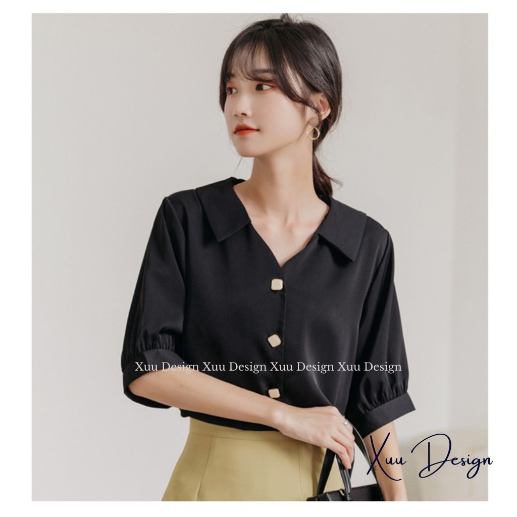 Áo sơ mi nữ kiểu cổ V Xuu , kiểu dáng basic trơn tay lỡ thời trang - SP44