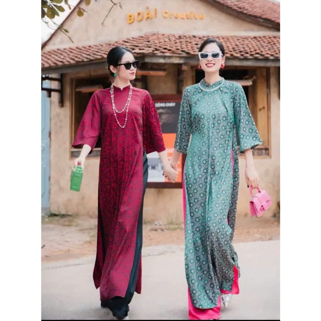 Bộ áo dài cách tân gấm tơ mềm 2 tà cổ 2cm tay lỡ loe