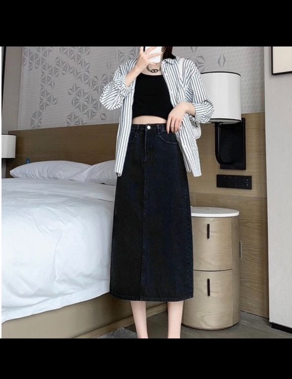 HOÀN TIỀN 15% - Chân váy jean dài cạp điều chỉnh độ rộng bụng váy bò dáng dài cạp cao phong cách