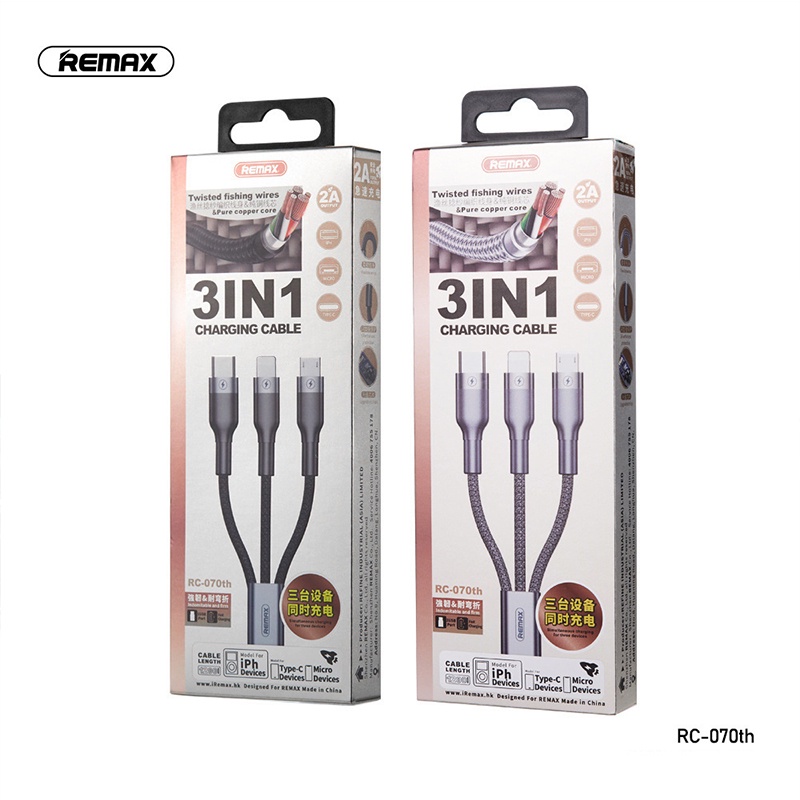 Cáp sạc bọc dù đa năng 3 đầu 3 trong 1 remax rc-070th chính hãng - bảo hành 6 tháng