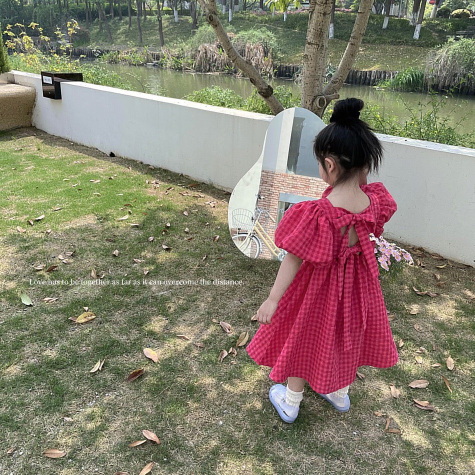 Váy bé gái kẻ đỏ hồng đậm