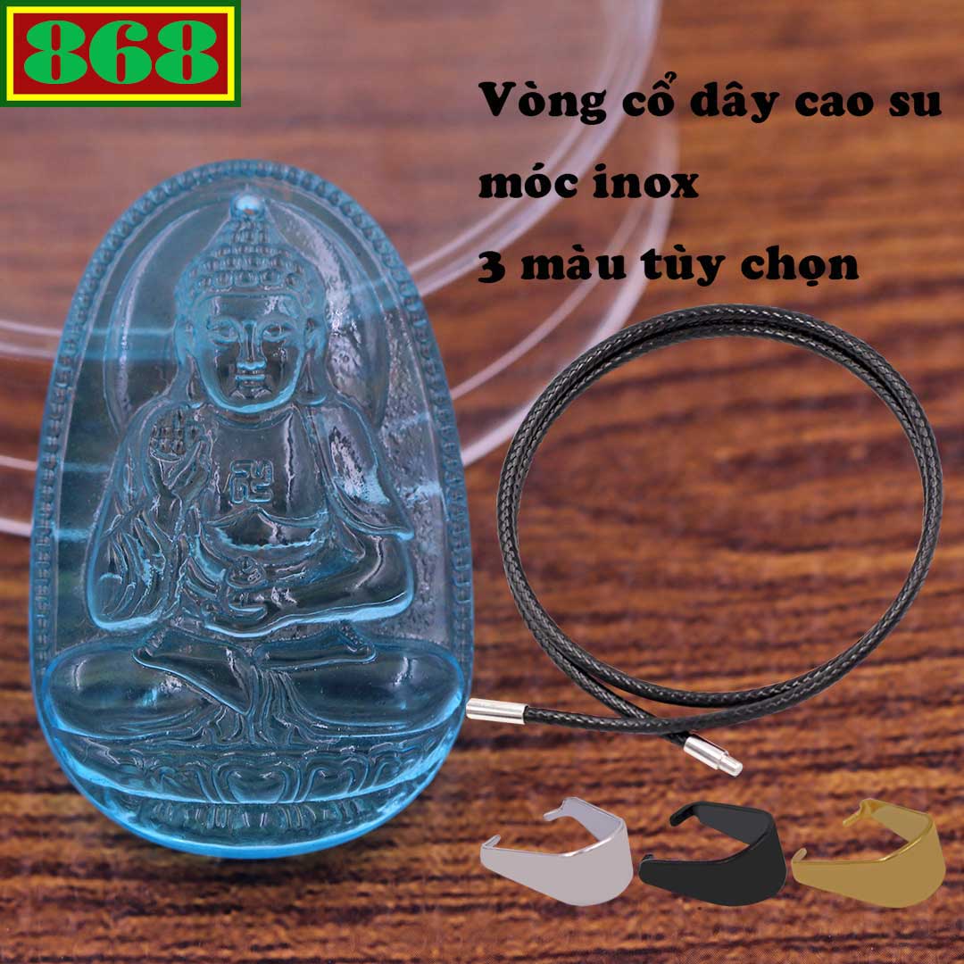 Pendant Buddha Amitabha sea green crystal 3.6 cm attached rubber necklace cord Black + hook stainless steel, buddha the par, pendant feng shui