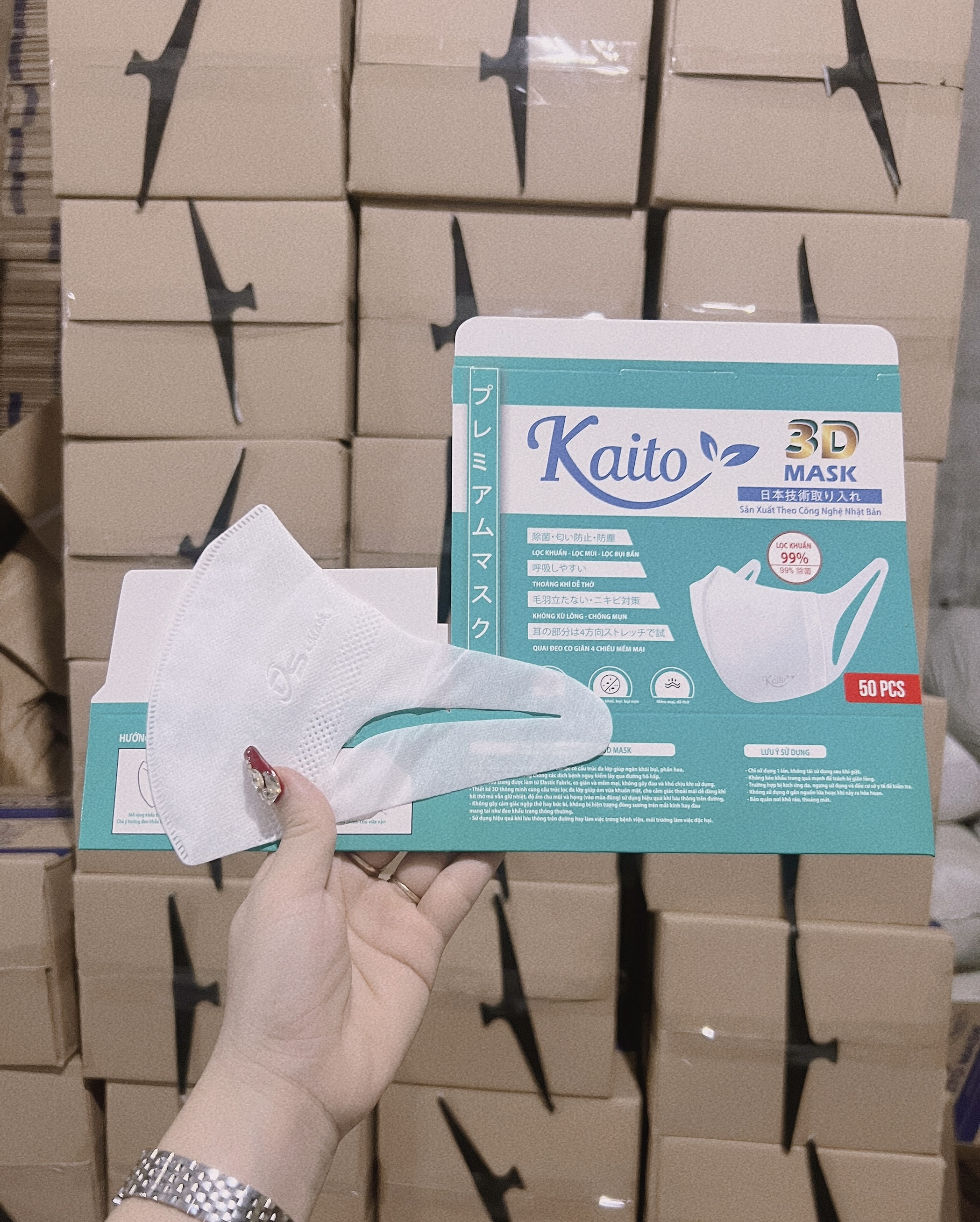 Khẩu trang 3D KAITO Mask hộp 50 cái kháng khuẩn, có logo tem niêm phong, đạt tiêu chuẩn ISO và kiểm định Bộ Y Tế