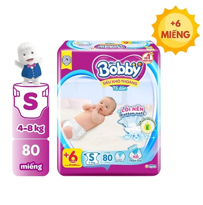 Bỉm/Tã dán Bobby size S80/S80+6m (tã dán cho trẻ sơ sinh nặng 4-8 kg)