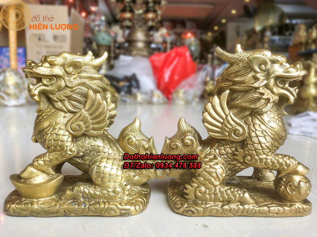 Đôi Tượng Kì Lân Cưỡi Mây Bằng Đồng Cao 7cm (Cỡ Bé)