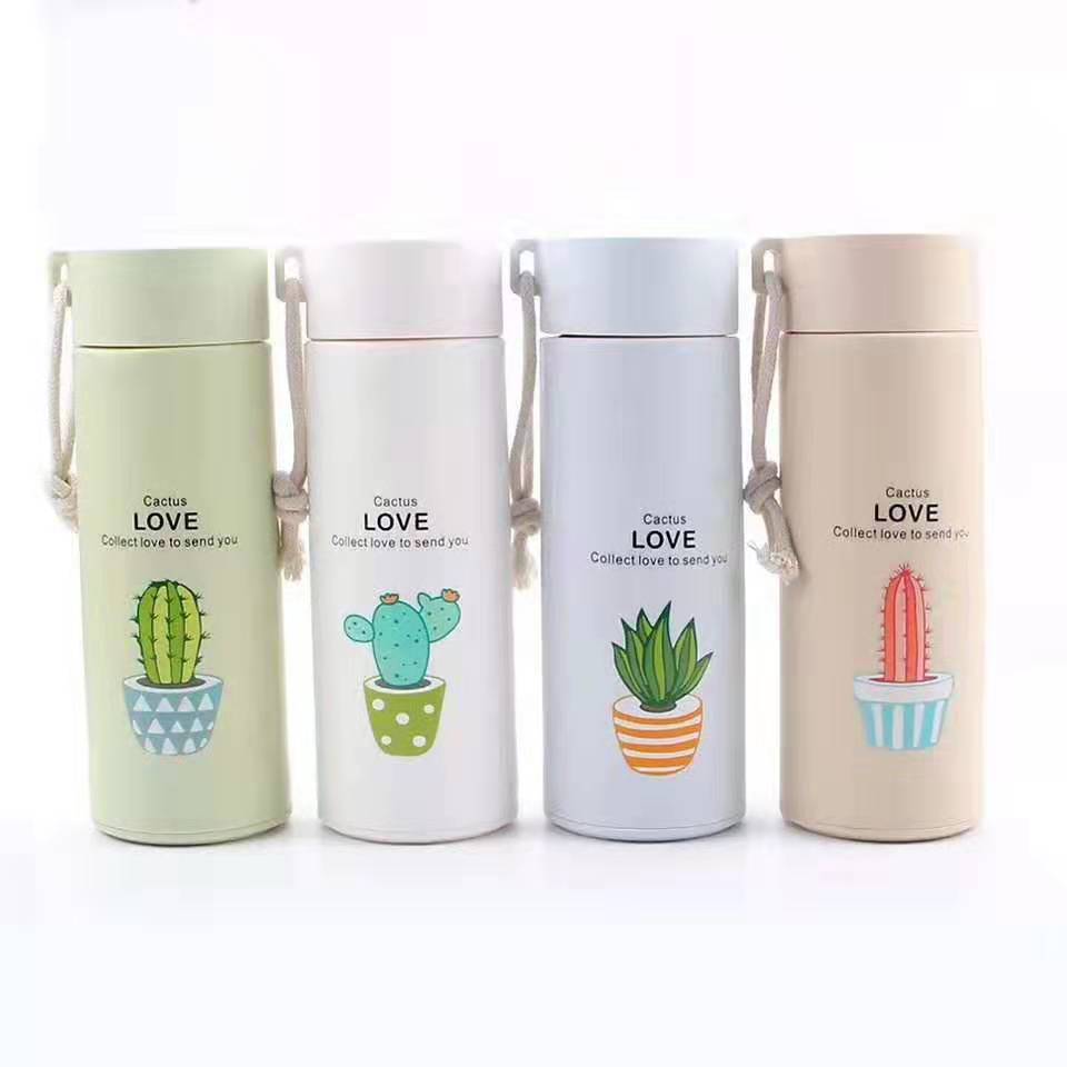 Bình nước giữ nhiệt hoạ tiết xương rồng-Bình Nước Thủy Tinh Bọc Nhựa Cây Xương Rồng 400ML Có Dây Xách