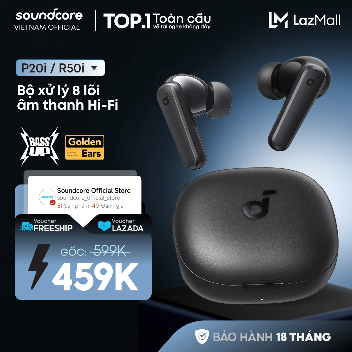 Tai nghe bluetooth soundcore R50i (P20i) siêu nhỏ gọn | 30 giờ phát nhạc | Chống nước IPX5 | AI Translation