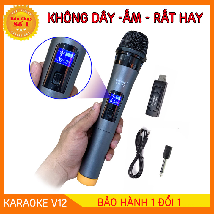 [GIAO NHANH- GIẢM THÊM 12%] Micro Karaoke không dây đa năng cao cấp UHF V12 - dành cho loa kéo loa bluetooth amply hát karaoke zack cắm 3.5 - 6.5mm