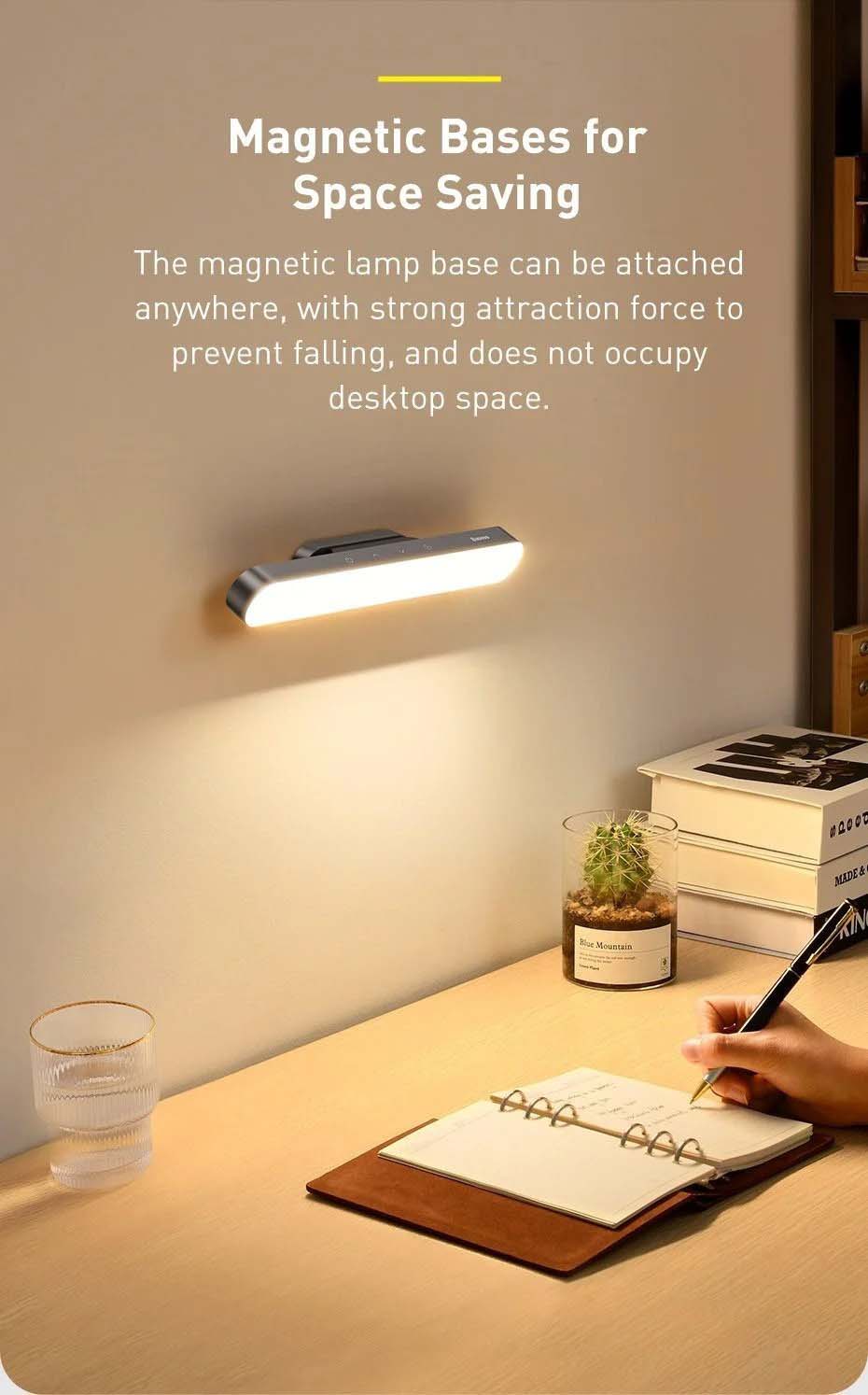 Đèn treo đế hít nam châm Baseus Magnetic Stepless Dimming Charging Desk Lamp (1800mAh ,4000K, 24h sử dụng liên tục, Chống mõi mắt, Đế hít nam châm)