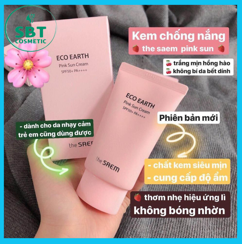 [CHÍNH HÃNG] Kem Chống Nắng The SAEM Eco Earth Power Pink Sun Cream SPF50+ (50g) - Giúp Da Trắng Hồng