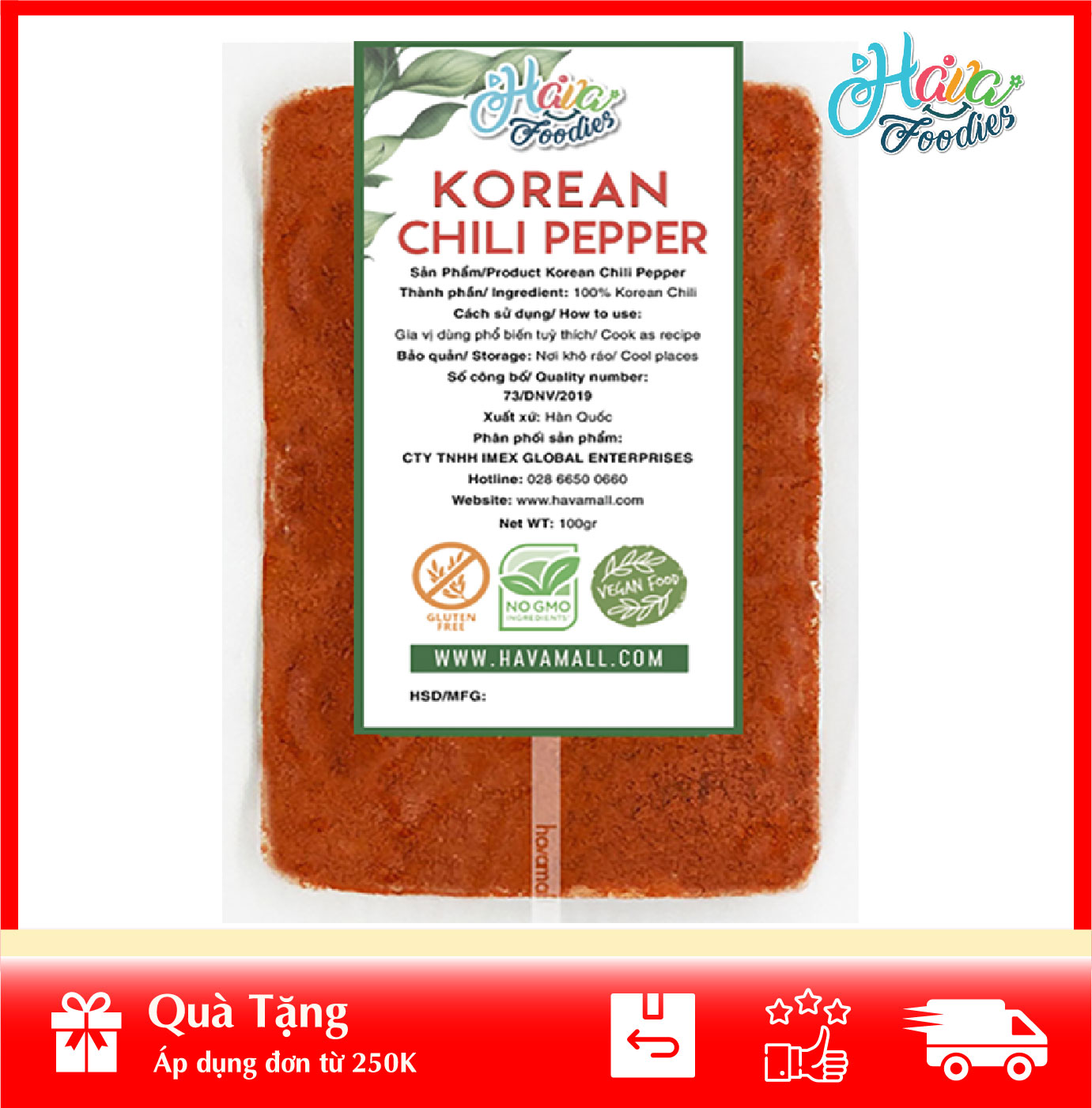 [HOÀN TIỀN MAX 10%][ HÀNG CÔNG TY NHẬP KHẨU ] Bột Ớt Hàn Quốc Thương Hiệu Hava Foodies Gói 100g – Korean Chili Pepper