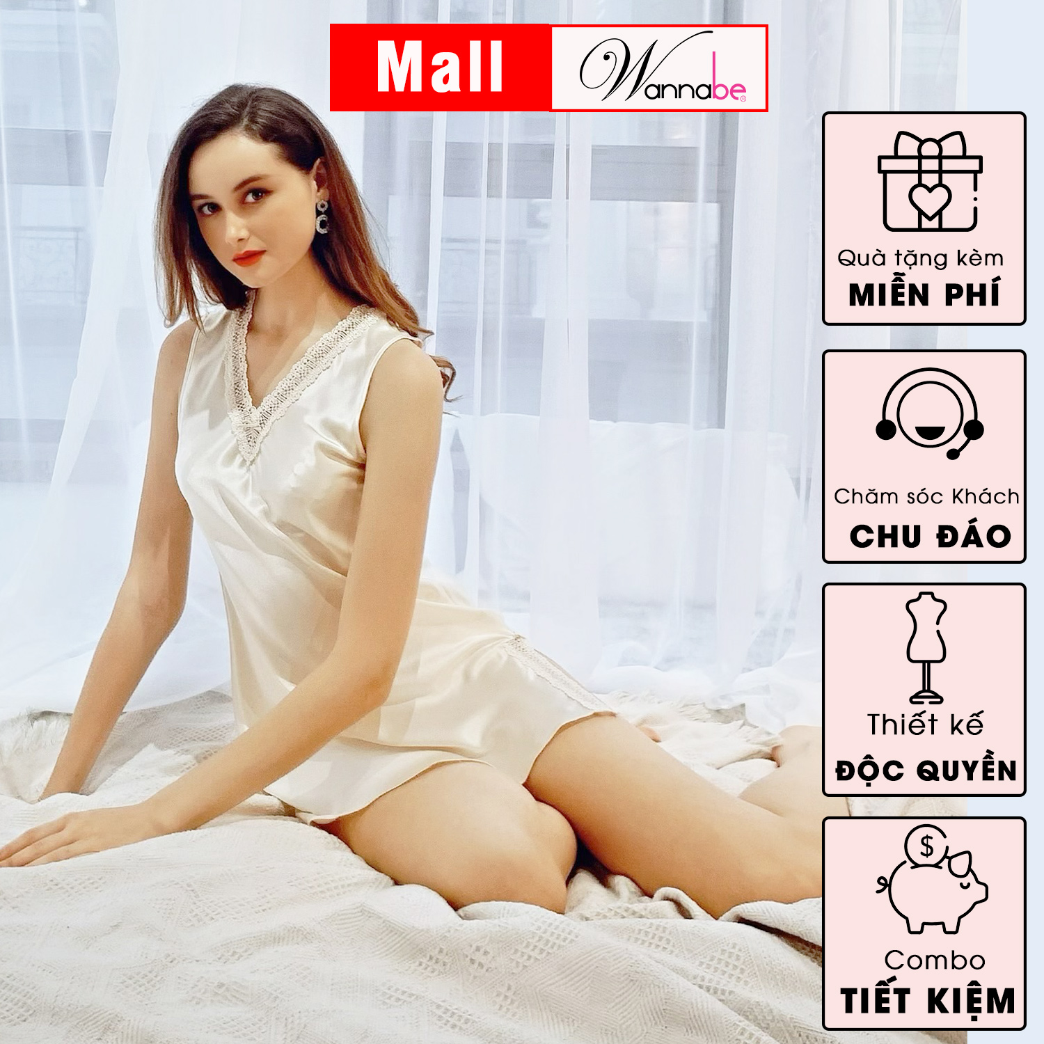 Đầm ngủ phi lụa wannabe dns11 cổ tim phối ren nữ tính nhẹ nhàng