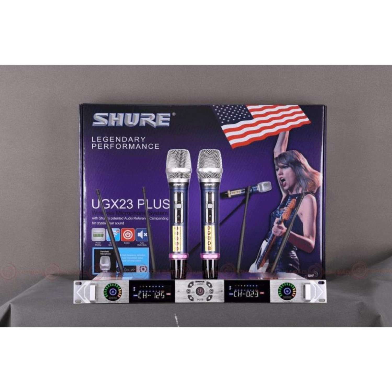Micro Không Dây SHURE UGX 23 PLUS Cảm Biến Tự Ngắt, Dò Sóng Chỉnh Tần Số Hiện Đại. Dòng Karaoke Cao Cấp Quán Hát.