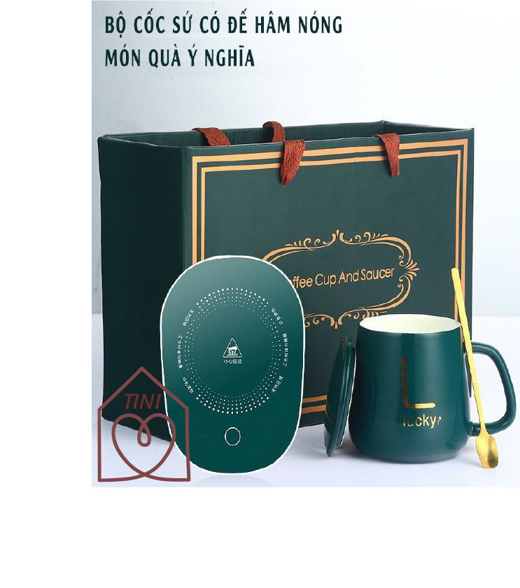Hot Ham and Drink Mug Set with Jade Green Lucky Electric Base, Ceramic Cup Set with electric hot fan for tea, coffee, milk fan TINI SHOP HCM