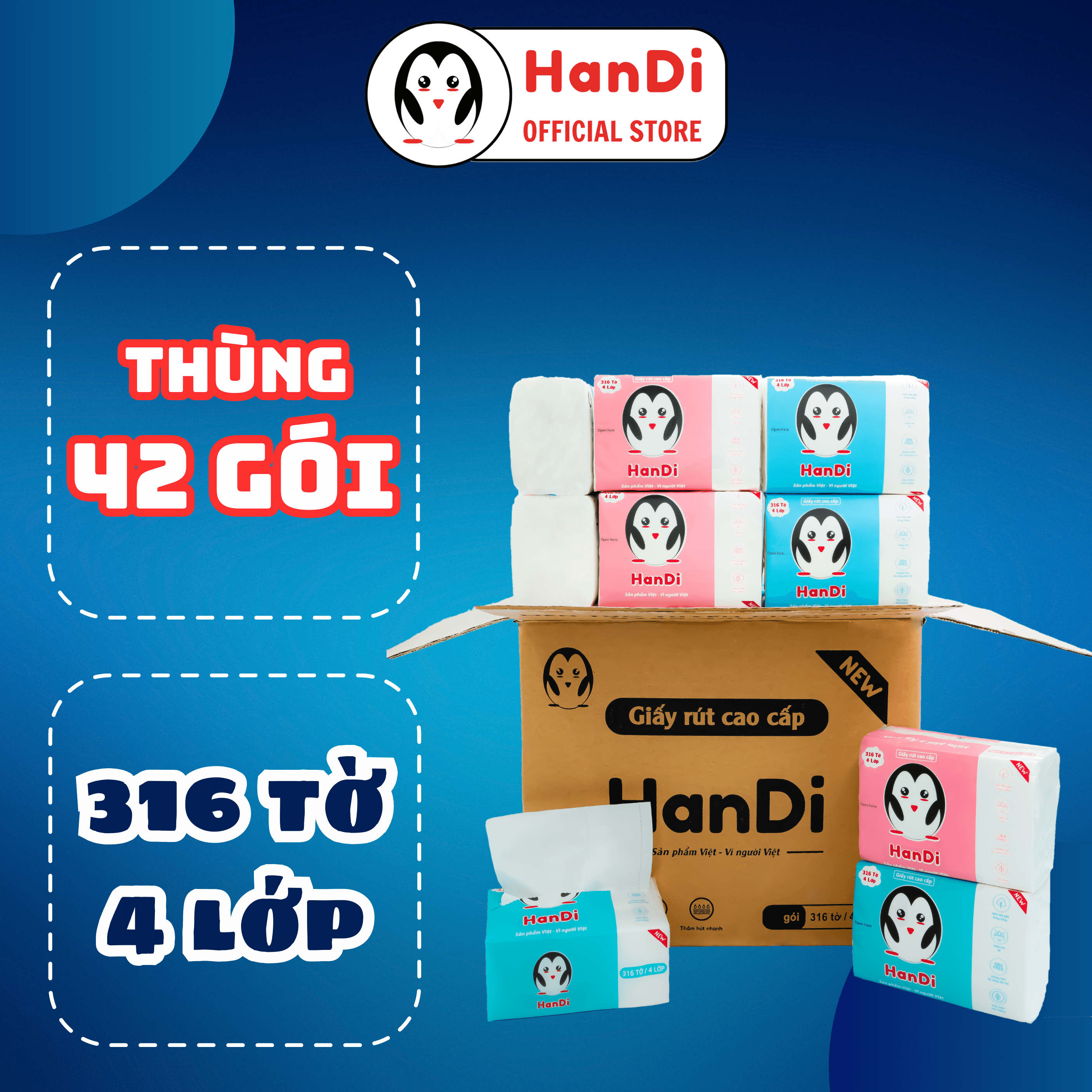 Thùng 42 gói giấy ăn HanDi, khăn giấy rút CAO CẤP, 316 tờ 4 lớp, CÓ QUÀ TẶNG