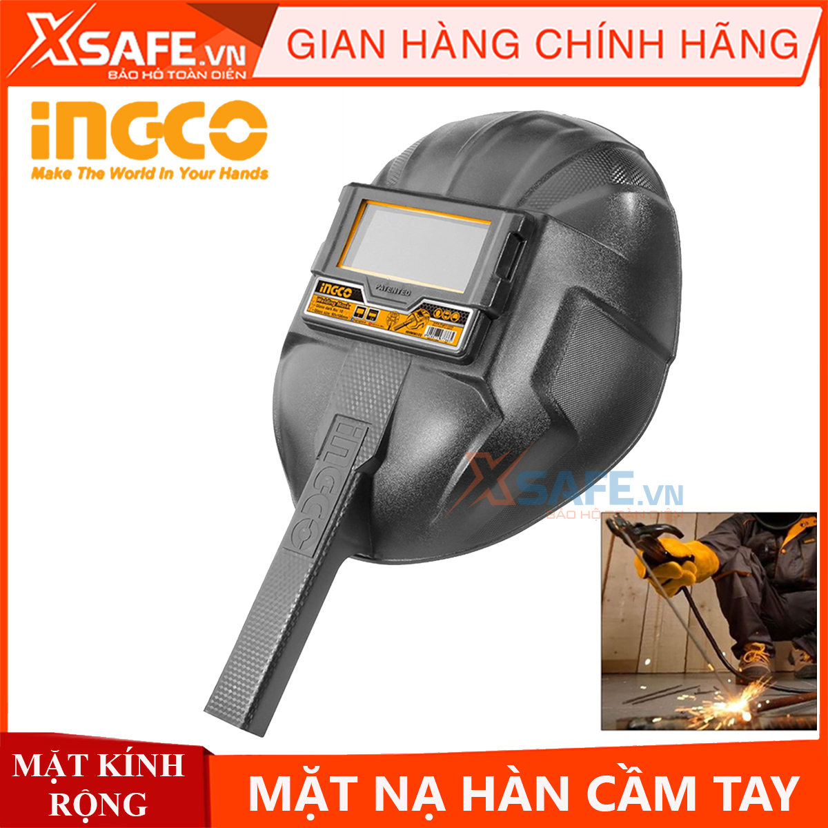 Mặt nạ hàn ingco hhwm102 kính hàn điện, hồ quang, hàn tig, mig chất liệu 100% pp bền chắc chịu nhiệt cao, mặt kính rộng 108x50x3mmồ