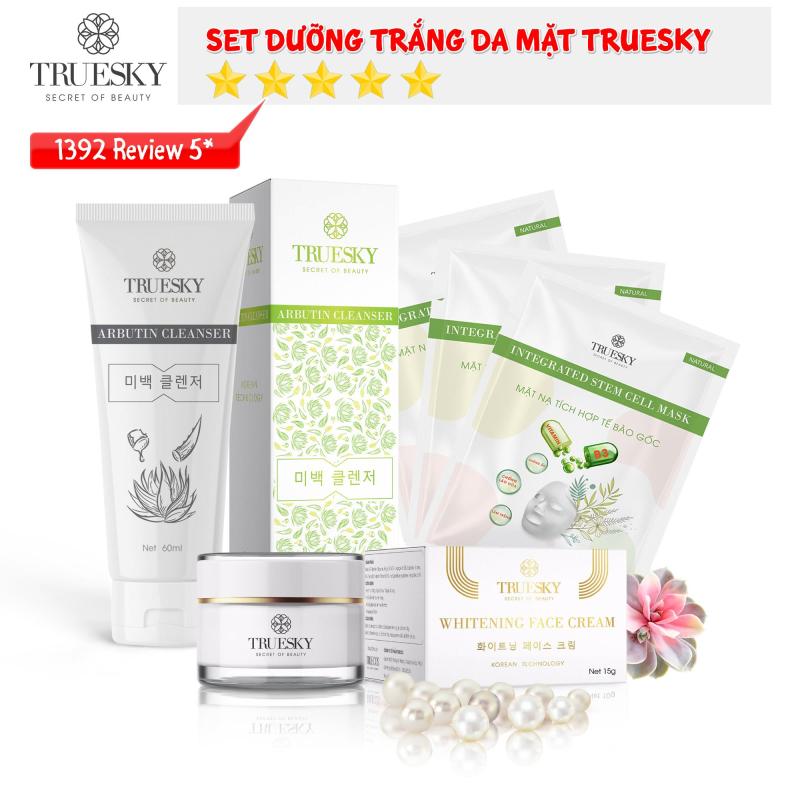 Bộ sản phẩm trắng da mặt Truesky P02 gồm 1 kem trắng da mặt 15g + 1 sữa rửa mặt nha đam 60ml + 3 miếng mặt nạ trắng da tế bào gốc Truesky giá rẻ