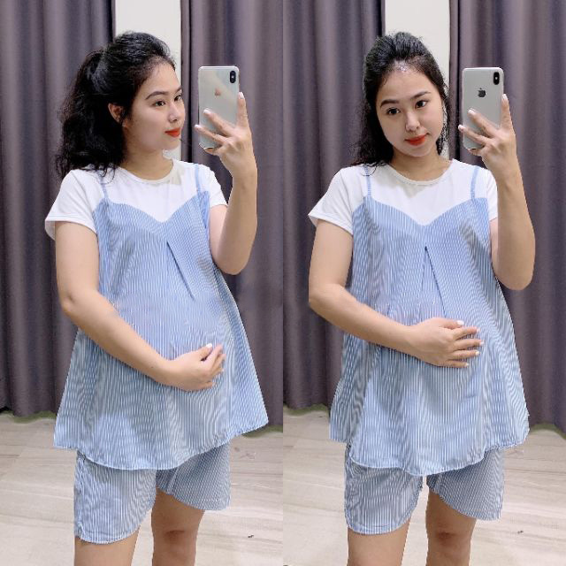 [Hoàn Tiền 6%] Bộ đồ bầu đùi lửng, chất lụa hàn mềm mát cho bà bầu mặc nhà mùa hè