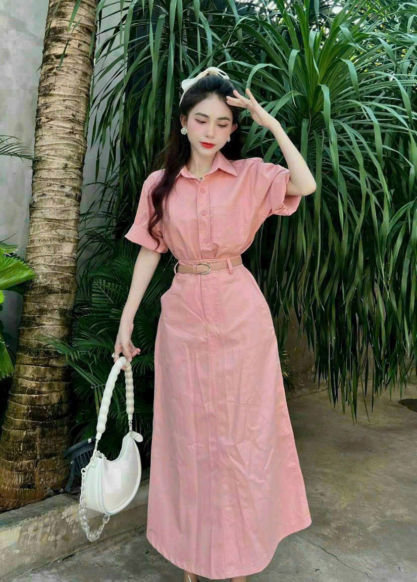 Đầm sơ mi cộc tay dáng suông thanh lịch đi dạo xuân, Đầm sơ mi tay ngắn nịt thắt eo tôn dáng cuốn hút DX