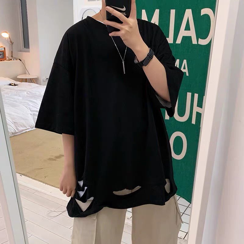 Áo thun NAM NỮ unisex RÁCH cá tính- Áo phông tay lỡ from rộng trơn Áo thun ngắn tay dáng dài rộng cá tính phong cách ulzzang, AMME SHOP