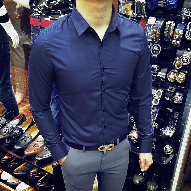 Sơ mi lụa trơn (xanh đậm) lịch lãm