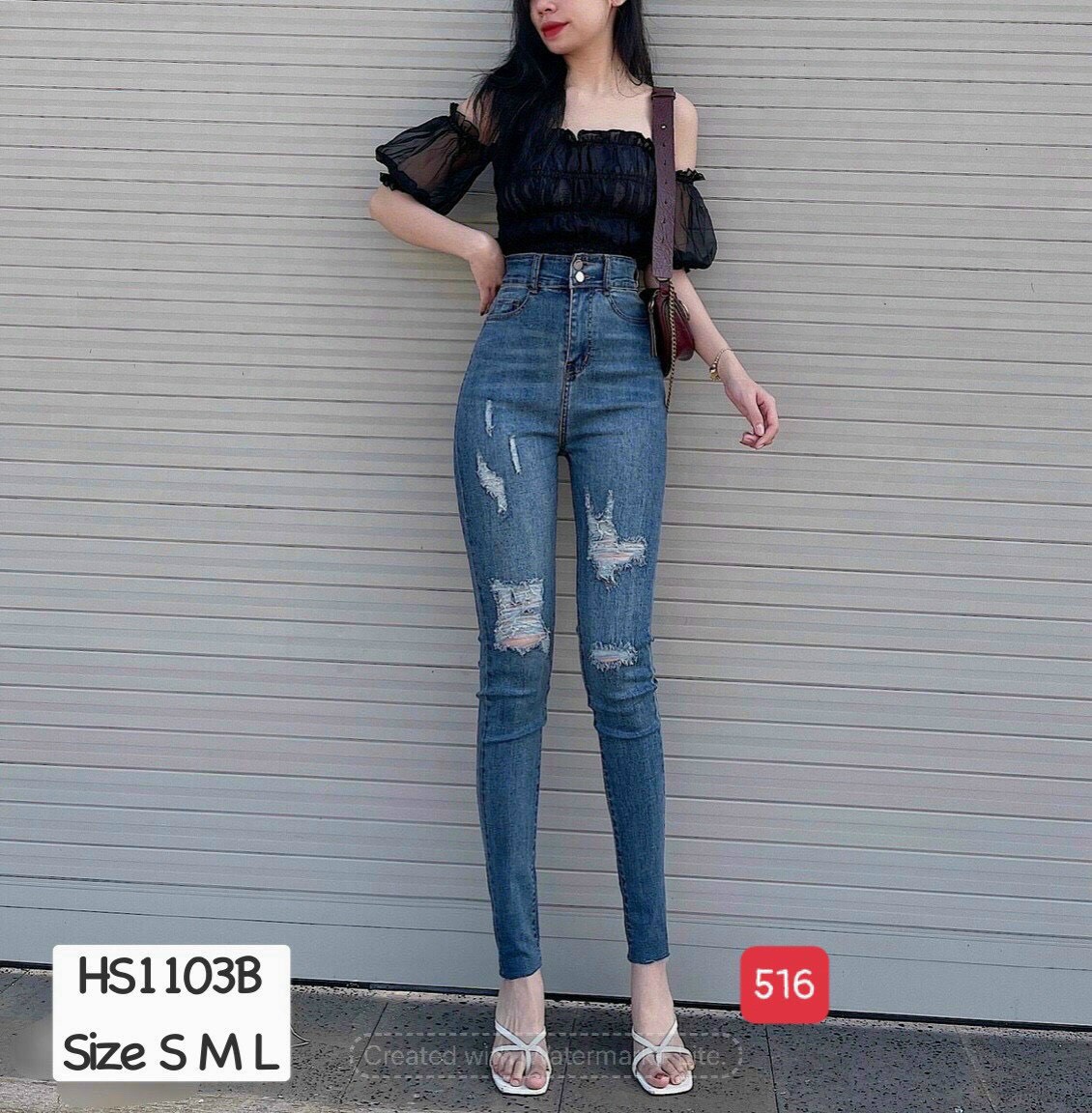 Quần jean nữ co giãn Quần jean nữ lưng cao cào xướt,Áo Thun Nữ Form Rộng kv