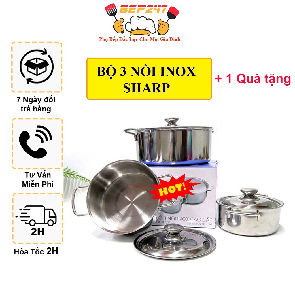 Bộ 3 nồi inox sáng bóng SHARP và SONY nắp inox 24cm 18cm 16cm dùng được bếp từ và mọi loại bếp bộ nồi inox chắc chắn cao cấp