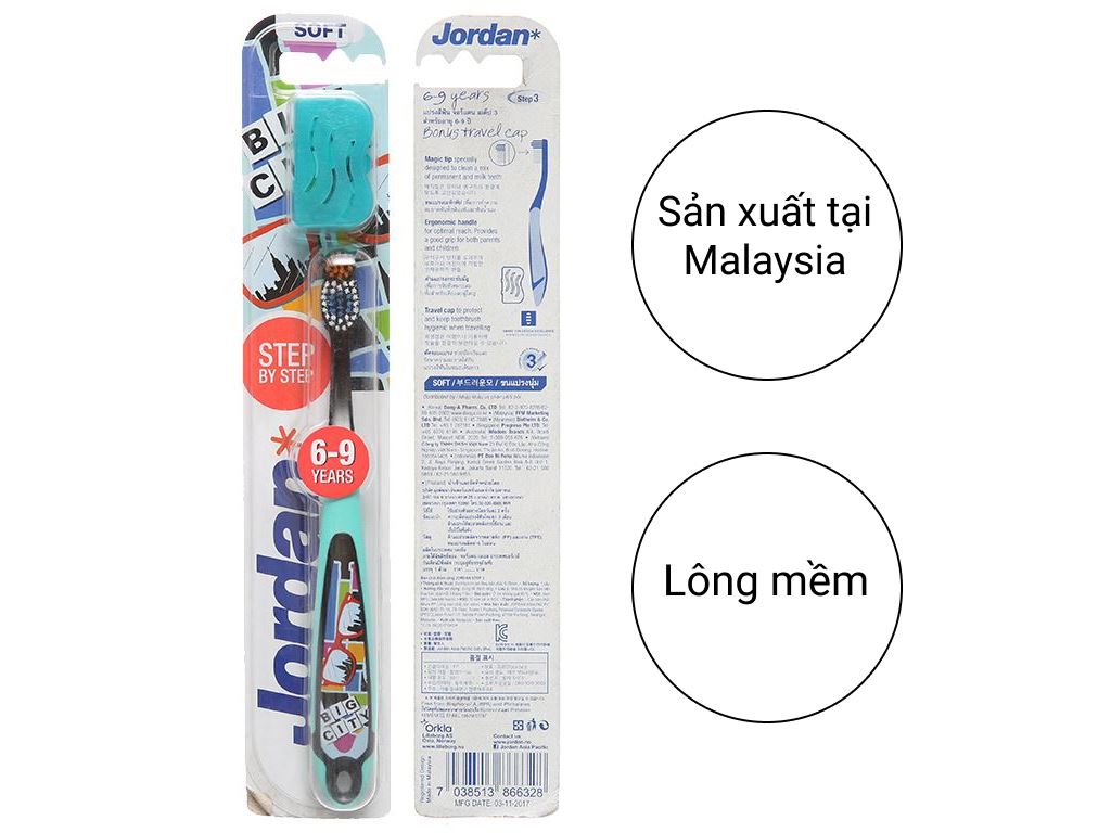 Bàn chải cho bé 3-9 tuổi Jordan lông mềm (giao màu ngẫu nhiên)
