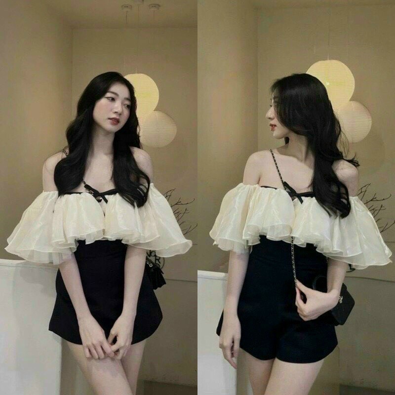 Jum nữ thời trang mặc đi chơi chất cotton lạnh trễ vai phối voan bèo thắt nơ có mút ngực tay ngắn quần đùi ống rộng bánh bèo