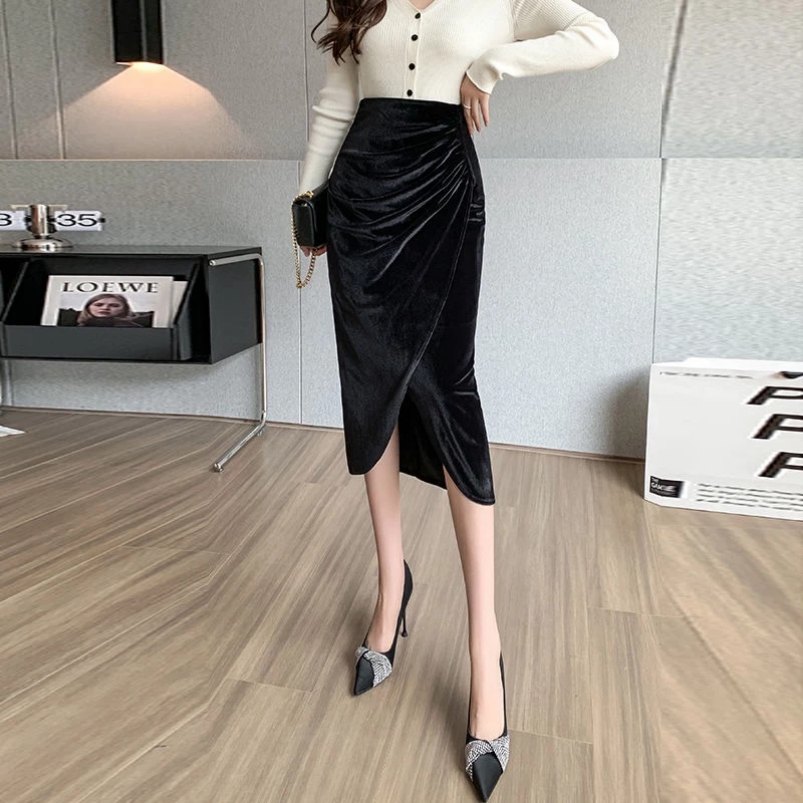 Chân Váy Bút Chì Nhung Nhún eo Dài 75cm C9