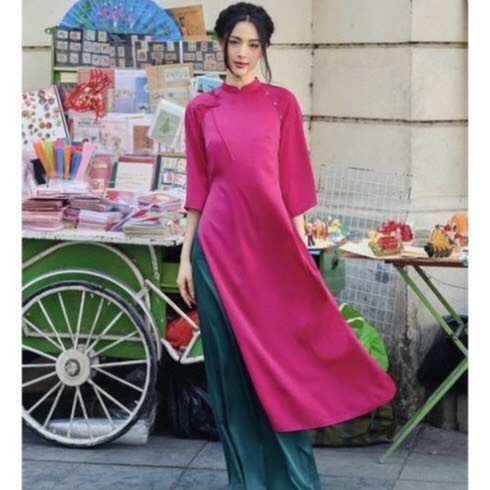 Áo dài cách tân tay lỡ lụa mềm co dãn cổ 2cm phối ngọc và nơ, áo dài mặc Tết, áo dài cách tân mới đẹp