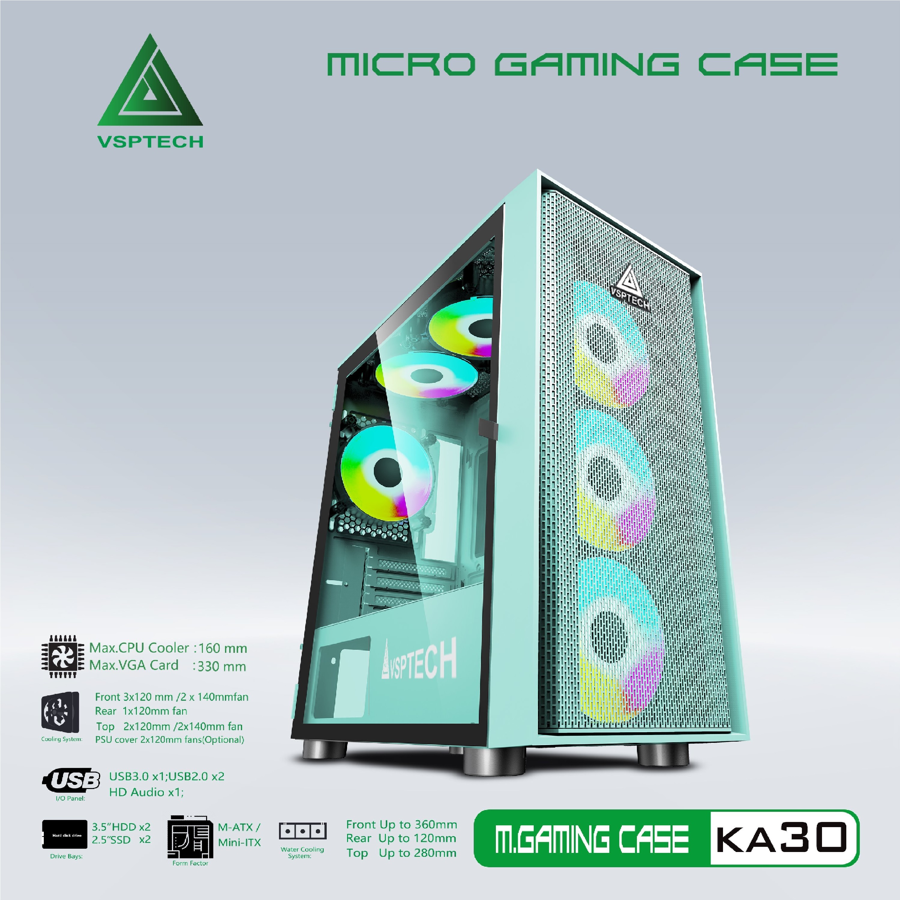 Case Gaming VSP KA30 Mini Tower (Xanh)