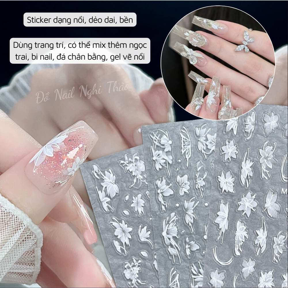 Sticker nail hoa lụa 5D trang trí móng Nghi Thảo