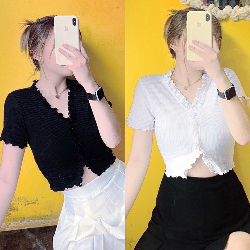 Áo kiểu viền bèo nút bọc croptop siêu cute