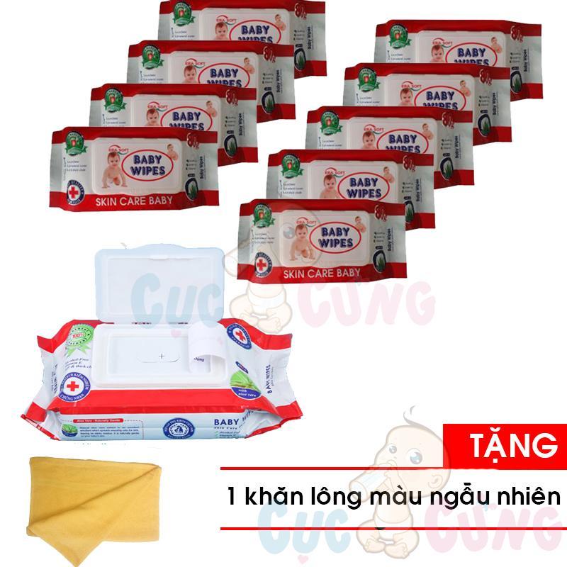 Bộ 10 khăn ướt Baby Wipes KHÔNG MÙI (bịch lớn) Tặng Khăn tắm cotton siêu mềm màu ngẫu nhiên 25x40cm - KHÔNG MÙI