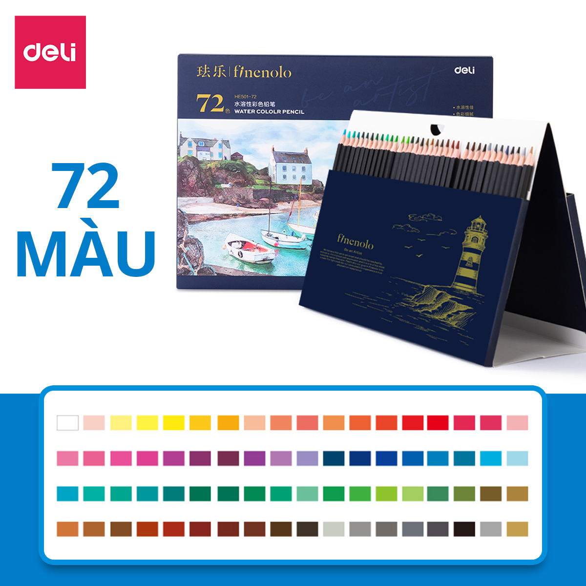 Bút chì màu gốc nước chuyên nghiệp deli kèm cọ vẽ - 36/48/72 màu thiết kế tô vẽ tranh phác thảo học sinh