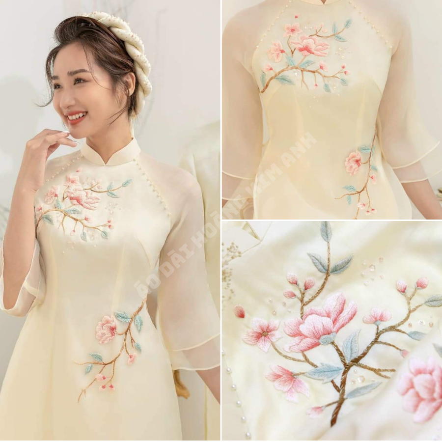 Áo dài cách tân nữ thêu hoa thủ công đính ngọc truyền thống tay lỡ phối tơ óng màu Trắng sữa may sẵn – Cẩm Chướng