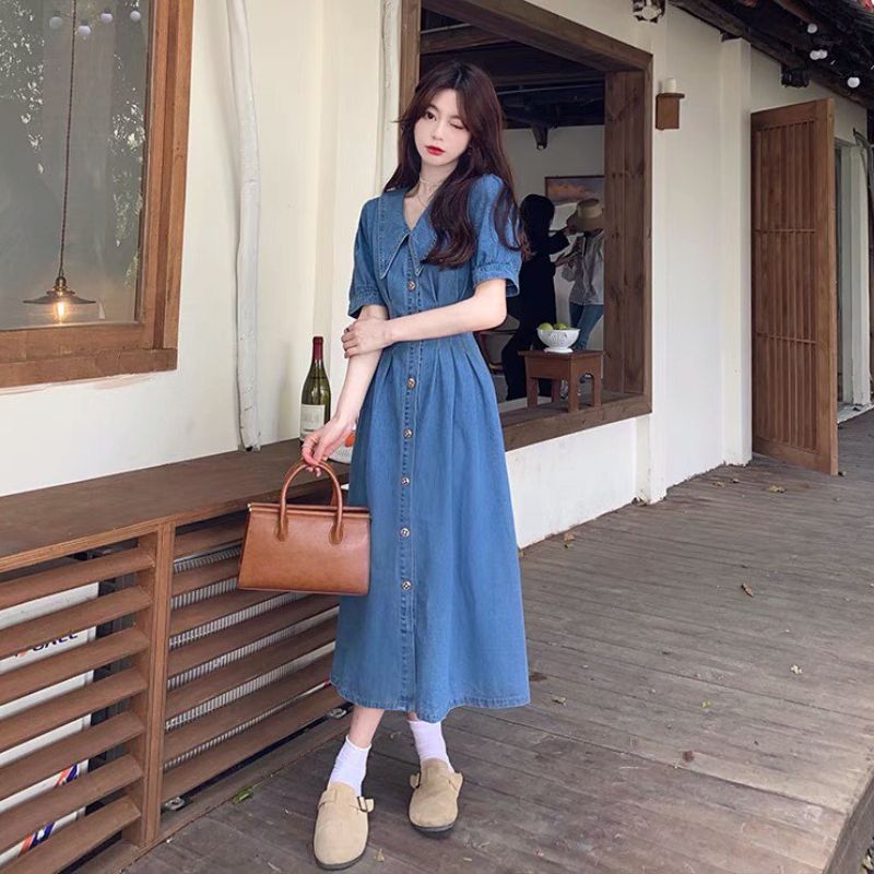 Đầm jeans bò cổ sen dáng maxi cực xinh -váy bò suông kiểu dáng hàn quốc -váy dự tiệc đầm babydoll -THỜI TRANG 1989
