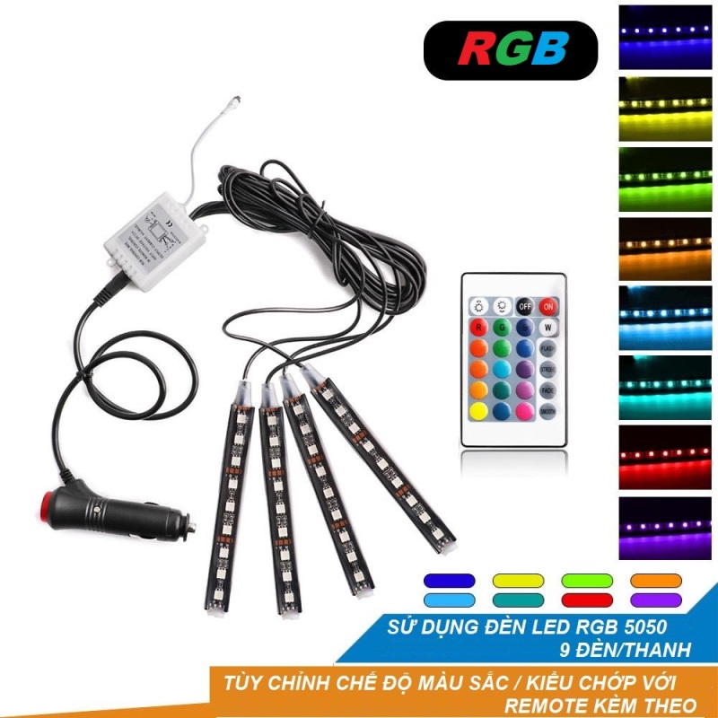 Bộ Đèn Led Cảm Biến Mạch Trang Trí Gầm Ghế, Gầm Taplo, Chân Thắng, Có Remote Điều Khiển Đổi 8 Màu Cao Cấp