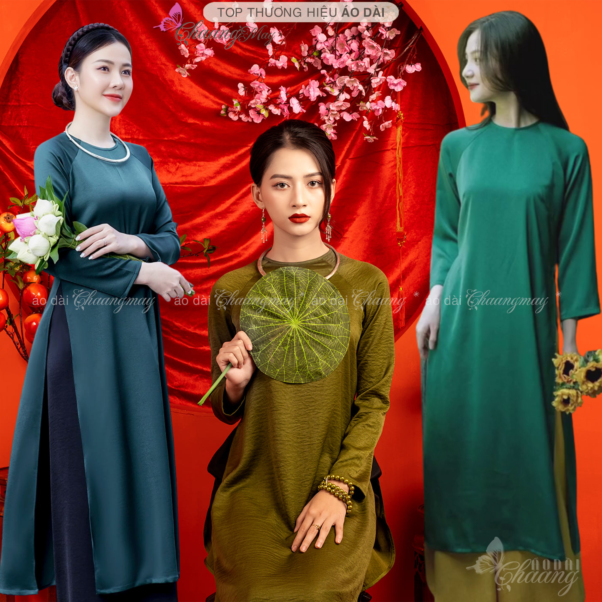 Áo dài cách tân suông rộng_Chaang_May áo feather dáng xưa, vải lụa tây thi màu xanh rêu