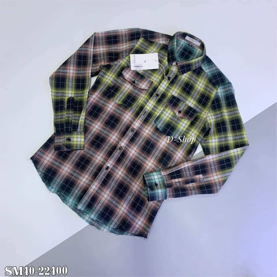 Áo sơ mi bbr rách gấu loang màu nam dài tay kẻ sọc caro , chất liệu cotton không phai màu