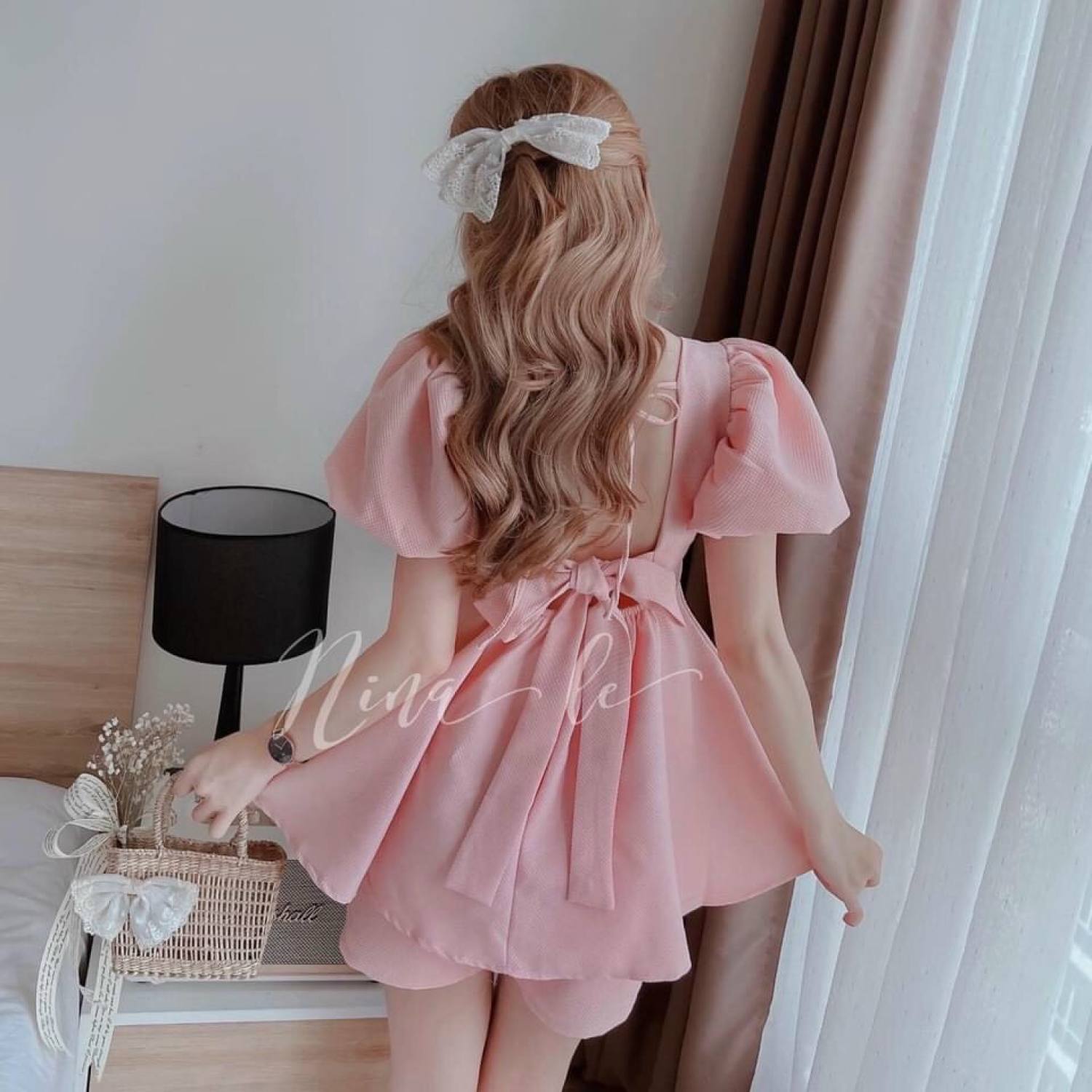 Set babydoll tiểu thư nữ set quần đùi ngắn áo kiểu tay phồng cổ vuông set bộ tiểu thư áo kiểu cột nơ sau lưng xinh xắn