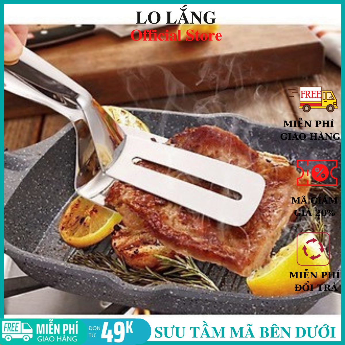 Xẻng Gắp Lật Đồ Rán, Kẹp Bít Tết cá chiên đa năng loại lớn inox 304 cao cấp siêu bền