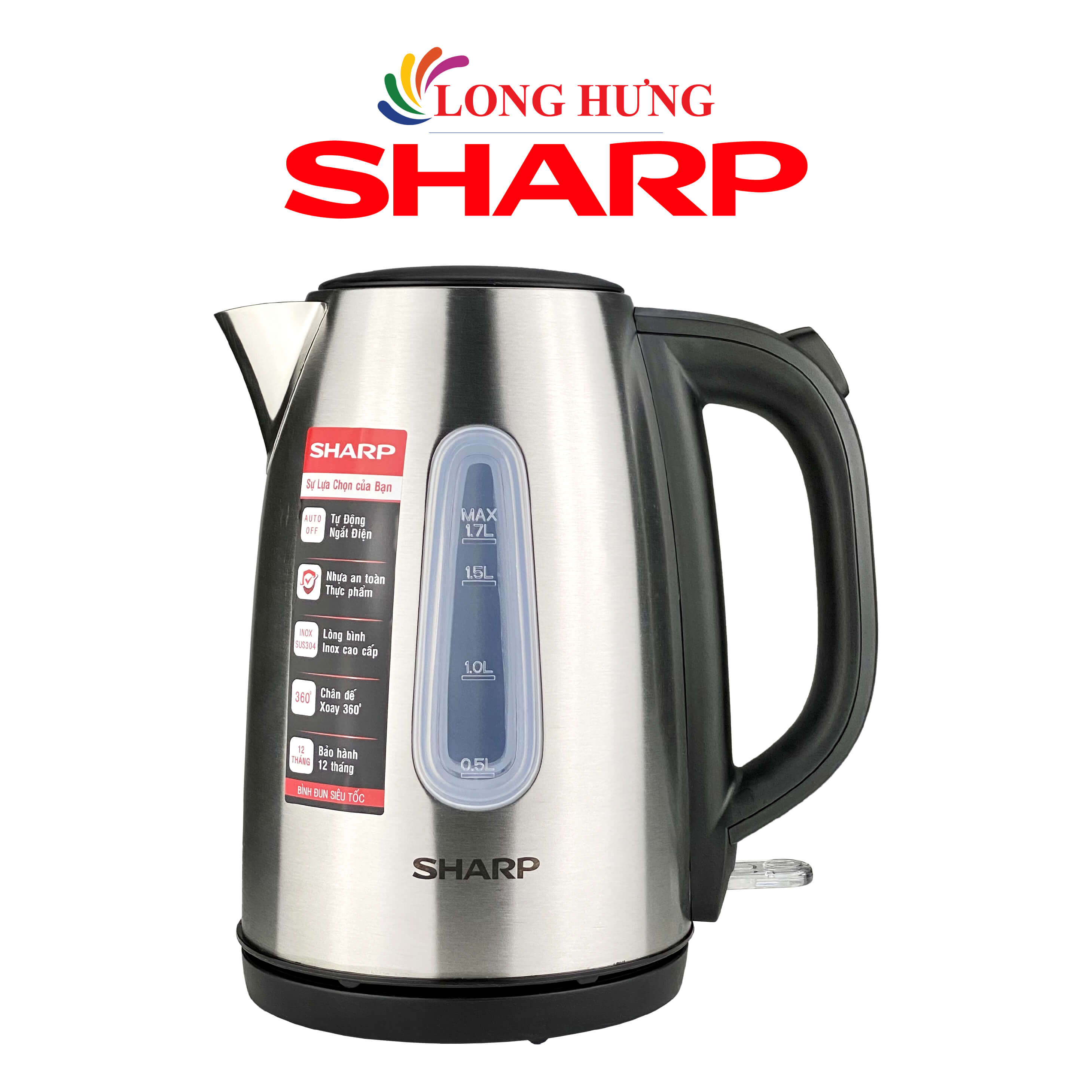 Bình đun siêu tốc sharp 1.7 lít ekj-17vss-st - hàng chính hãng - inox cao cấp 304, tự ngắt khi nước sôi và cạn, cột hiển thị mực nước